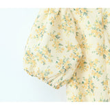 Yipinpay New Women Vintage Puff Short Sleeve V Neck Yellow Floral Print Dress Pleated Hem Female Holiday Summer Mini Robe