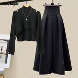 Yipinpay Spring Autumn New Korean Elegant Knit Tassel Cover Up+Half High Collar Bottom Sweater+Midi Skirt 3 Piece Women Dress Suit