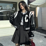 Yipinpay Black Baseball Jacket Women Autumn College Leather Patchwork Gothic Long Sleeve Loose Cropped Jacket Korean Streetwear
