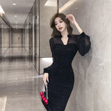 Yipinpay Sexy Dresses Women Mesh Patchwork Lantern Long Sleeve Sequins Slim French Style Chic Autumn Fashion Ladies Party