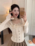 Yipinpay Winter Basic Elegant Lace Blouse Woman Outwear Long Sleeve Kawaii Slim Tops Casual Korean Fashion Pullover Woman Design