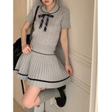 Yipinpay Girl College Style Suit Women's Autumn Knitted Pleated Dress Turn-down Collar Bow Top Two-piece Set Fashion Female Clothes