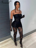 Yipinpay Simenual Trim Sheer Lace Women 3 Piece Sets Solid Strapless Tupe Top Hot Skinny Pantyhose Pants Baddie Club Outfit Lingerie Suit