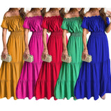 Yipinpay Bohemian One-neck Dress 2024 Summer New Solid Color Elegant Fashion Ruffle Ruffle Women Beach Party Banquet Dress