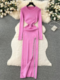 Yipinpay Streetwear Knit Split Dress O Neck Long Sleeves Slim Fit France Elegent Ladies Autumn Evening Party Bodycon Long Dress