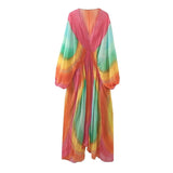 Yipinpay 2023 Tie Dye Long Dress Women Ruched Chiffon Midi Dress Woman Long Sleeve Summer Dresses Asymmetric Holiday Party Dresses