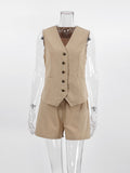 Yipinpay Khaki Cotton Linen Shorts Suits Summer 2023 Women Vest Tops And Elastic Shorts 2 Pieces Suits Shorts Ladies Vacation