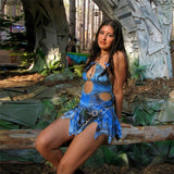 Yipinpay Women Summer Y2K 2Pcs Sleeveless Tie-Dye Print Cutout Backless Ruffled Party Mini Dress + Long Flare Sleeve Shrug Set