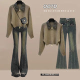 Yipinpay Women's Autumn Winter New Polo Neck Knitted Sweater Slim Jeans Two Piece Korean Elegant Zipper Cardigan Denim Pants Matching Set