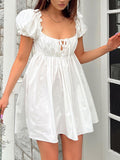Yipinpay Sweet White Short Puff Sleeve Short Dress Elegant Summer Women Girls Square Neck Ruffles Trim Tie-Up A-Line Dress