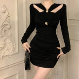 Yipinpay Sexy Dresses Women Fashion Long Sleeve Hollow Out Slim Black Elegant Dress Ladies Party Vintage Temperament Chic Vestido