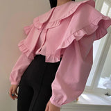 Yipinpay Sweet Pink Shirt Women Loose Long Sleeve Solid Ruffles Lapel Spring New Korean Chic Ladies Tops Elegant Fashion Blouses