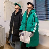 yipinpay Women Green Down Clothes Medium And Long Casual Windproof Warm Baggy Hooded Stripe Coat Fashion Puffer Padded Outwear Winter