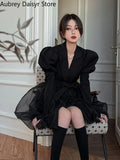 Yipinpay Black Mini Blazer Dress Women Elegant Vintage Chic Mesh Design Y2k Dress Winter Casual Sash Evening Party Dress One Piece