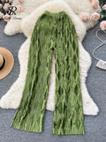 Yipinpay Pleated Vintage Striped Long Pants Fashion Spring High Waist Wide Leg Trousers Women Streetwear Solid Casual Pants