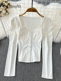 yipinpay Women's Sexy Shirts Long Sleeve Vintage Y2K Square Collar Elegant Slim Blusas Ladies OL Trendy Ruched Crop Top Female