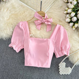 Yipinpay Korean Style Shirt For Women Sweet Square Neck Puff Short Sleeve All-Matched Pullover Shirt Femal Fashion Slim Short Top