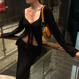 Yipinpay Womens Long Sleeve T-Shirts Solid Color Deep V-Neck Front Tie Split Bow Knot Casual Fall Winter Fashion Slim Fit Tops 0406