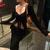 Yipinpay Womens Long Sleeve T-Shirts Solid Color Deep V-Neck Front Tie Split Bow Knot Casual Fall Winter Fashion Slim Fit Tops