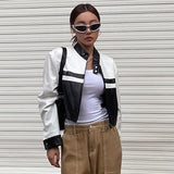 Yipinpay Women Gothic PU Leather Jacket Contrast Color Stand Collar Long Sleeve Zip-up Crop Top Bomber Coat Cool Racing Outwear