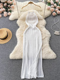 Yipinpay Sexy Backless Knitted Dress Women Halter Sleeveless Hollow Out Split Sundress Korean Vacation Knit Beach Long Dress