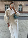 Yipinpay Spring Solid Lapel Long Coat For Women Elegant V-Neck Puff Sleeve Overcoats Female High Waist Chic Ladies Pockets Outerwear