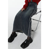 yipinpay Vintage Blue Women Denim Skirt Streetwear American Style Casual High Waist Ladies Slit Jean Medium and Long A-line Skirt