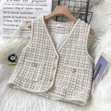 Yipinpay Women New Autumn Tweed Elegant Vintag Vest V-neck Sleeveless Slim Pockets Waistcoat Ladies Fashion Womens Short Small Vest