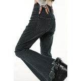 yipinpay Blue Women Jeans Tassels Flare Pants American Fashion Streetwear Style Wide Leg Jean Female Trouser Baggy Denim Pants