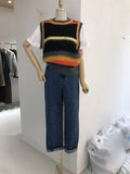Yipinpay Mujer Korean Autumn Contrast Color O Neck Striped Knitted Vest Sleeveless Sweater Vest Top Retro Pull Y2k Sweater Vest