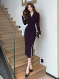 Yipinpay Woman Dress Autumn Winter Vintage Notched Elegant Split Long Sleeve Slim French Style Chic Basic Office Lady Dresses
