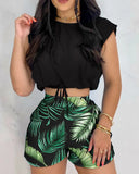 Yipinpay printed shorts suit women summer 2023 new Fashion solid simple shorts sets