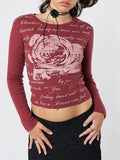 Yipinpay Women's Spring Summer Y2K Vintage Fitted Crop Tops Long Sleeve Crewneck Grunge Graphics Print Slim Kawaii T-shirt