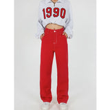 yipinpay Size Red High Waist Women's Jeans Wide Leg Baggy Chic Design Denim Pants Streetwear Vintage Summer Straight Jean Trouser