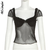 yipinpay T Shirt Square Neck Crop Top Women Short Sleeve T Shirt Summer Women's Clothing Y2k Fashion Slim Mesh Top See Through Tees