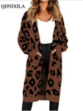 Yipinpay Autumn Winter Long Leopard Cardigan Women Knitted Sweater Oversized Coat Colorful Long Sleeve Women's Clothing Female Robe