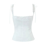Yipinpay Sweet Lace Trim White Slim Camis Sexy Women Cotton Tank Top Summer Bow Front Button Crop Top