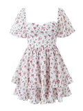 Yipinpay Women Sexy Corset Style Slim Waist Floral Print Dress Vintage Lantern Sleeve Hem Ruffle Female Holiday Party Mini Dress