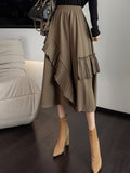 Yipinpay Korean Style Midi Skirt Women Fashion Casual Retro Black Pleated Skirts for Womens Irregular Stylish Elegant Faldas