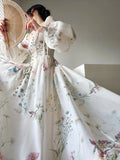 Yipinpay Elegant Floral Midi Dress Chiffon Long Sleeve Evening Party Dress Woman Beach Fairy One Piece Dress Korean 2024 Summer