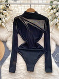 Yipinpay Sexy Sheer Women Bodysuits Mesh Patchwork Slim Bodycon 2024 Spring New IN Streetwear Skinny Night Club Party Rompers