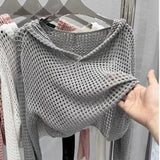 Yipinpay Summer New Short Hooded Hollow Knitwear Women's Thin Long sleeved Loose Top Sunscreen Cover