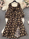 Yipinpay Summer Chiffon Split Midi Dress Women Square Collar Puff Sleeve Elastic Waist Gentle Korean Flora Print Sexy Dress