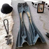 Yipinpay Vintage Perforated Big Flare Jeans Women Autumn New High Waist Spicy Girl Slim Fit Fishtail Floor Dragging Pants Female