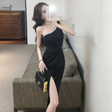 Yipinpay Sleeveless Dresses Women Diamonds One Shoulder Split Diagonal Collar Slim Stretch Party Dress Ladies Temperament