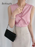 yipinpay Women Vest Blouses Cross V-neck Sleeveless Sexy Office Ladies OL Blusas White Casual Korean Elegant Tops Black Pink