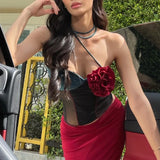 Yipinpay Womens Sexy Summer Beachwear Halter Top Sleeveless Tops Backless Contrast Color 3D Flower Vest for Club Party