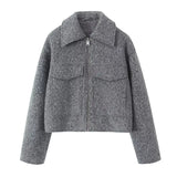 Yipinpay Vintage Women Gray Cropped Woolen Jacket Long Sleeve Pockets Female Autumn Winter Short Coat