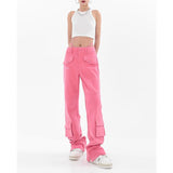yipinpay Women's Pink Cargo Jeans Pocket Straight Vintage Streetwear High Waist Casual Fashion Baggy Wide Leg Slit Denim Trouser Ladies