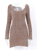 yipinpay Dress Long Sleeve Dress Aesthetics Ribbed Brown Y2K Dress Fall Outfits Women Solid Bodycon Streetwear Knitted Dress